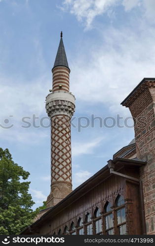 Fragment of beauty minaret of the mosque in Plovdiv town, Bulgaria