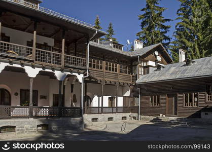 Fragment of beauty renovate ancient palace in the old park Tsarska or Royal Bistritsa near by resort Borovets, Rila mountain, Bulgaria