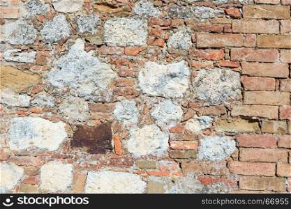 Fragment of old brick wall closeup (architectural background pattern).