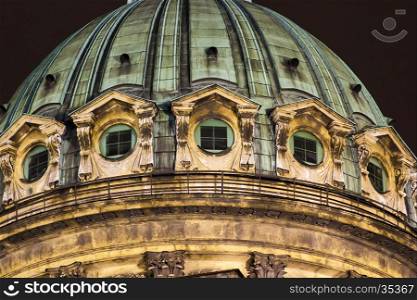 Fragment of old cathedral dome at night. View of cathedral dome