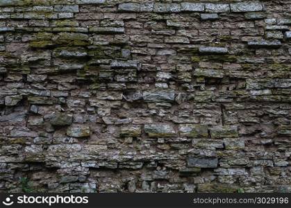 Fragment of old destroyed gray limestone brick wall surface. Rough weathered limestone wall