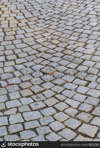 Fragment of old gray cobblestone road with dry leaves