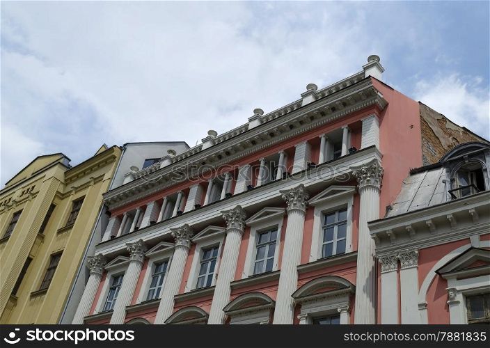 Fragment of old renovated building in centre of Plovdiv town, Bulgaria