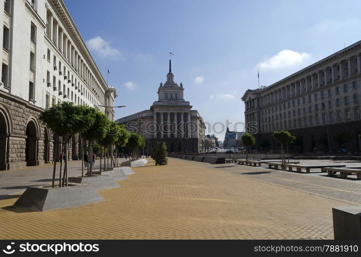 Fragment of Parliament building, Presidency and Ministry, in the central square Sofia, Bulgaria, Europe