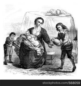 Fragment of Teniers table of mercy works in the Louvre Museum, vintage engraved illustration. Magasin Pittoresque 1878.