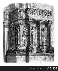 Fragment of the portal of Saint Trophime, Arles, vintage engraved illustration. Magasin Pittoresque 1867.