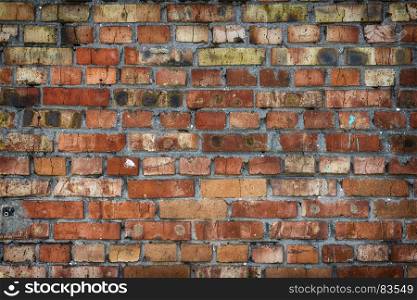 fragment of the wall of red brick and gray cement, full frame