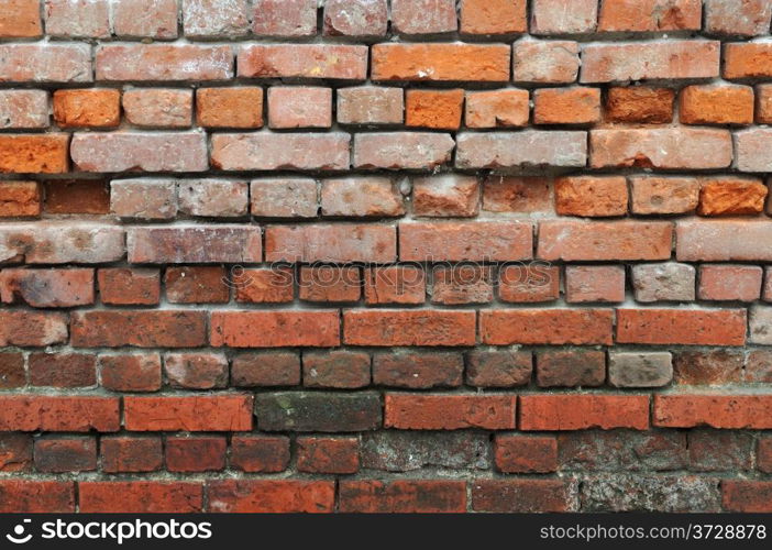 Fragment of weathered dirty red brick wall surface