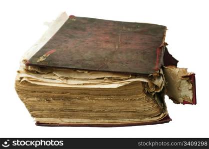 Fragmented old worn book with red cover. White isolated