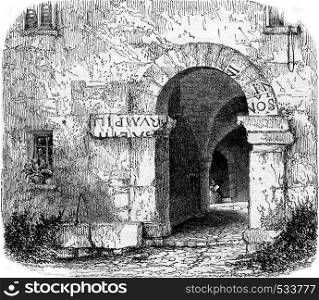 Fragments of the registration of Augustus on the door of a house in La Turbie, vintage engraved illustration. Magasin Pittoresque 1853.
