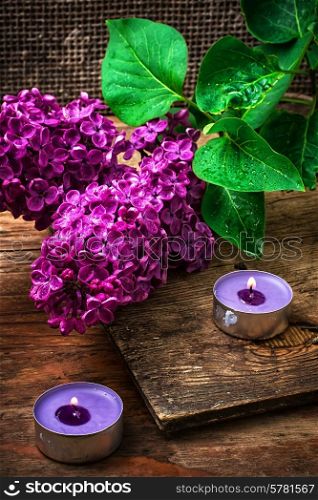fragrant bush may lilac on background of scissors on wooden table. Bush may lilac and lighted candle
