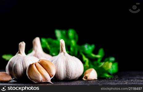 Fragrant garlic with parsley on the table. On a black background. High quality photo. Fragrant garlic with parsley on the table.