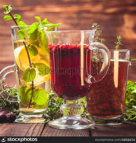 Fragrant herbal tea with thyme, mint, cranberry, lemon for healthy in winter