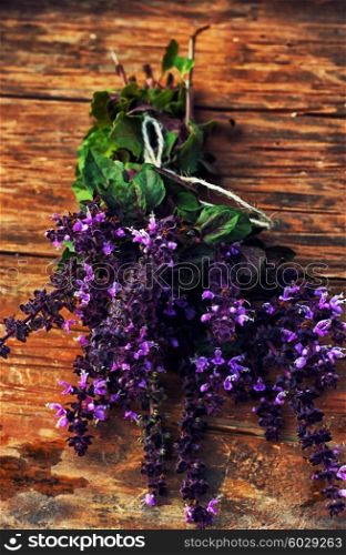 fragrant lavender. Bouquet from cut branches of fragrant lavender on vintage background