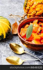 Fragrant orange pumpkin jam.Autumn pumpkin jam.Autumn cuisine. Pumpkin confiture, jam, sauce