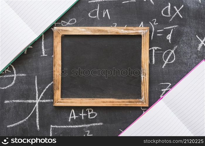 frame blackboard with notebooks