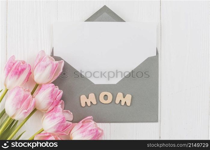frame envelope with word mom tulips