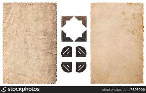 Frame for photos and pictures. Used paper and photo corner isolated on white background. Vintage cardboard
