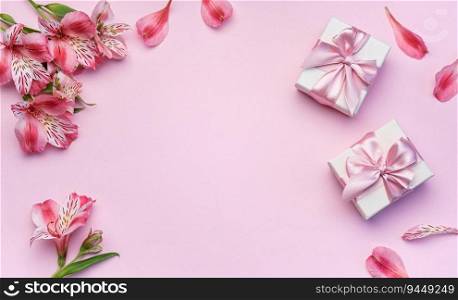 Frame for the text of congratulations with  flowers of Alstroemeria and gift boxes on a pink background. Greeting card with natural colors. Background for text with alstromeria. Flat lay, top view.