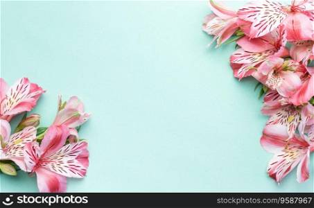 Frame for the text of congratulations with  flowers of Alstroemeria on a light green background. Greeting card with natural colors. Background for text with alstromeria. Flat lay, top view.