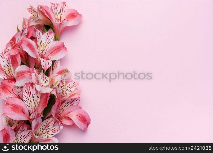 Frame for the text of congratulations with  flowers of Alstroemeria on a pink background. Greeting card with natural colors. Background for text with alstromeria. Flat lay, top view.