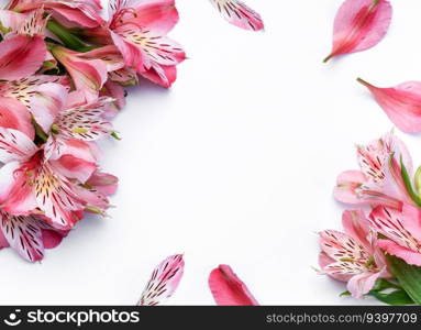 Frame for the text of congratulations with  flowers of Alstroemeria on a white background. Greeting card with natural colors. Background for text with alstromeria. Flat lay, top view.