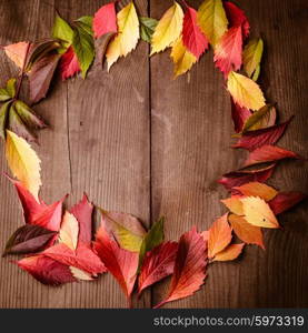Frame from autumn leaves on the wooden background. Autumn frame