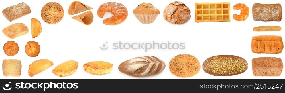 Frame from delicious and fresh bread products isolated on white background.