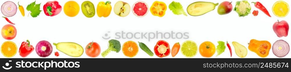 Frame from delicious and fresh vegetables and fruits isolated on white background.
