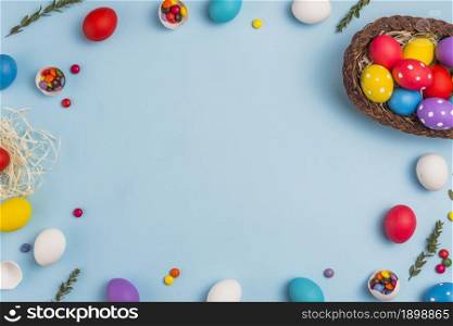 frame from easter eggs basket table. Resolution and high quality beautiful photo. frame from easter eggs basket table. High quality beautiful photo concept
