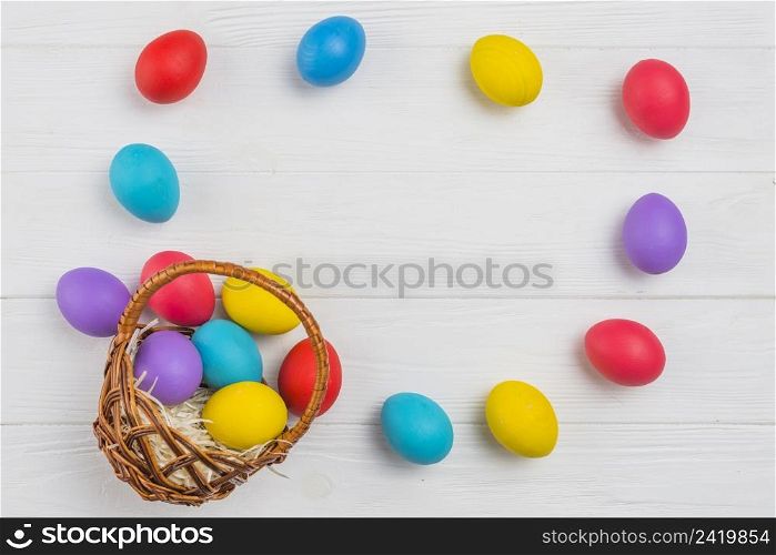 frame from easter eggs basket wooden table