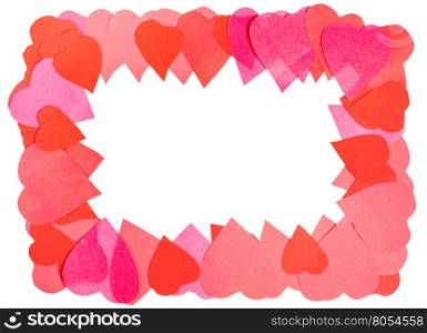 frame from hearts carved from paper with cut out canvas isolated on white background