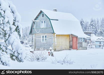 frame house in the forest in winter