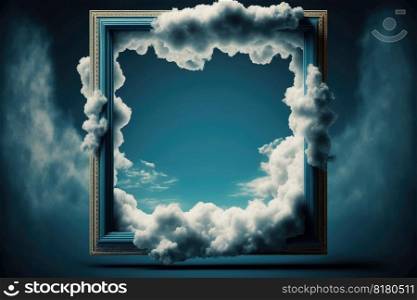Frame isolated on white cloud background in the sky in square shape. Concept of luxurious fantasy. Finest generative AI.. Frame isolated on white cloud background in the sky in square shape.