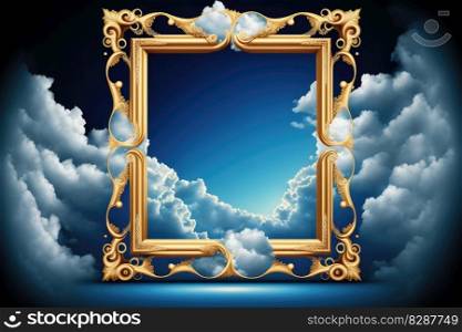 Frame isolated on white cloud background in the sky in square shape. Concept of luxurious fantasy. Finest generative AI.. Frame isolated on white cloud background in the sky in square shape.