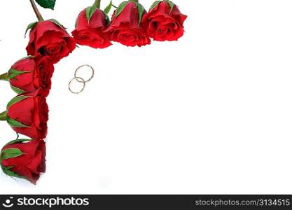 frame made from red roses and rings