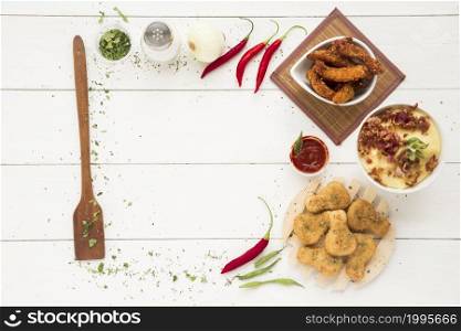 frame made kitchen items spices vegetables chicken meat meal