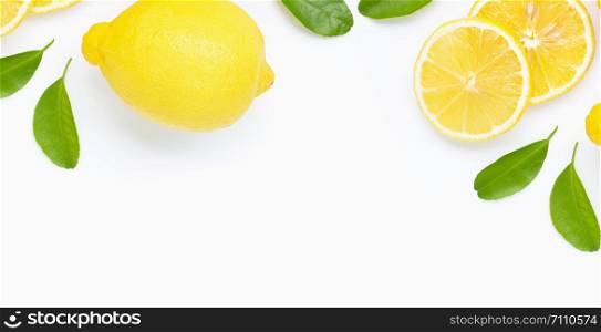 Frame made of fresh lemon and slices with leaves isolated on white background.