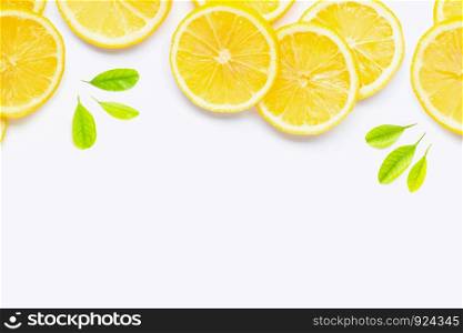Frame made of fresh lemon with slices on white background. Copy space