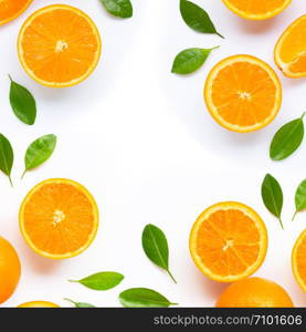 Frame made of fresh orange citrus fruit with leaves isolated on white background. Juicy and sweet. Copy space