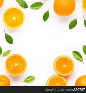Frame made of fresh orange citrus fruit with leaves isolated on white background. Juicy and sweet. Copy space