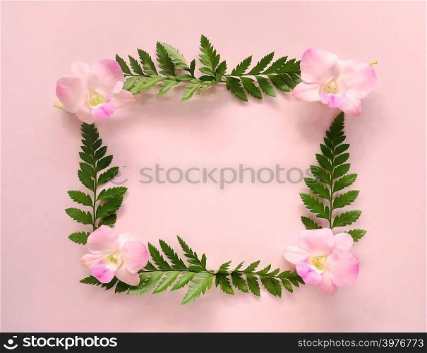 Frame made of pink orchid flowers and leaves on pink background. Flat lay, top view