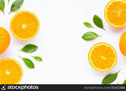 Frame made ofresh orange citrus fruit with leaves isolated on white background. Juicy and sweet
