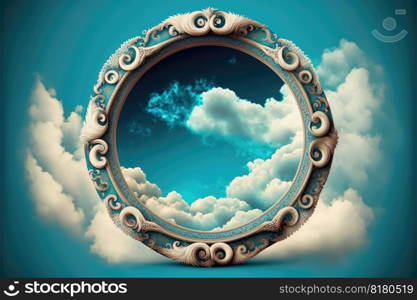 Frame made with covered white cloud in the sky in circle shape. Concept of luxurious fantasy window. Finest generative AI.. Frame made with covered white cloud in the sky in circle shape.