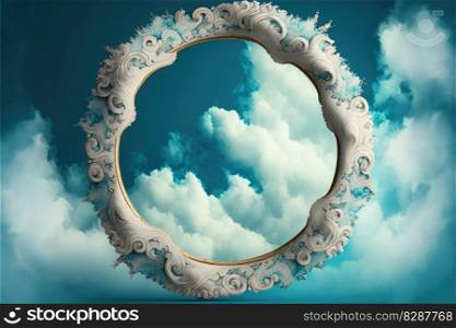 Frame made with covered white cloud in the sky in circle shape. Concept of luxurious fantasy window. Finest generative AI.. Frame made with covered white cloud in the sky in circle shape.