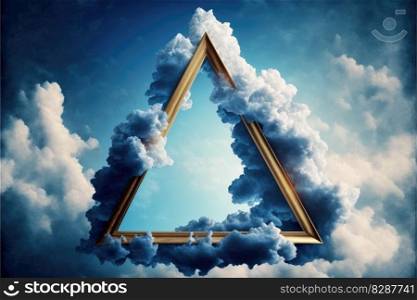 Frame made with covered white cloud in the sky in triangle shape. Concept of luxurious fantasy window. Finest generative AI.. Frame made with covered white cloud in the sky in triangle shape.