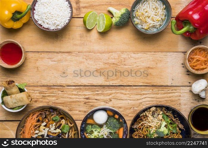 frame made with traditional thai food with vegetables wooden desk