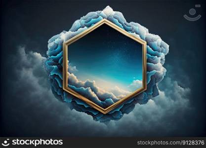 Frame made with white cloud in the sky in hexagon shape. Concept of fantasy luxurious window. Finest generative AI.. Frame made with white cloud in the sky in circle shape