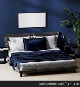 frame mock up in modern bedroom interior in dark blue colors with black bed and bedding tables, wooden floor and green plant, 3d rendering