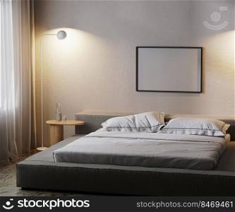 frame mock up in modern bedroom interior in dark with l&light, 3d rendering